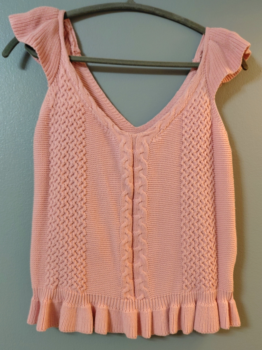 Pink Knit Ruffle-Hem V-Neck Women's Top